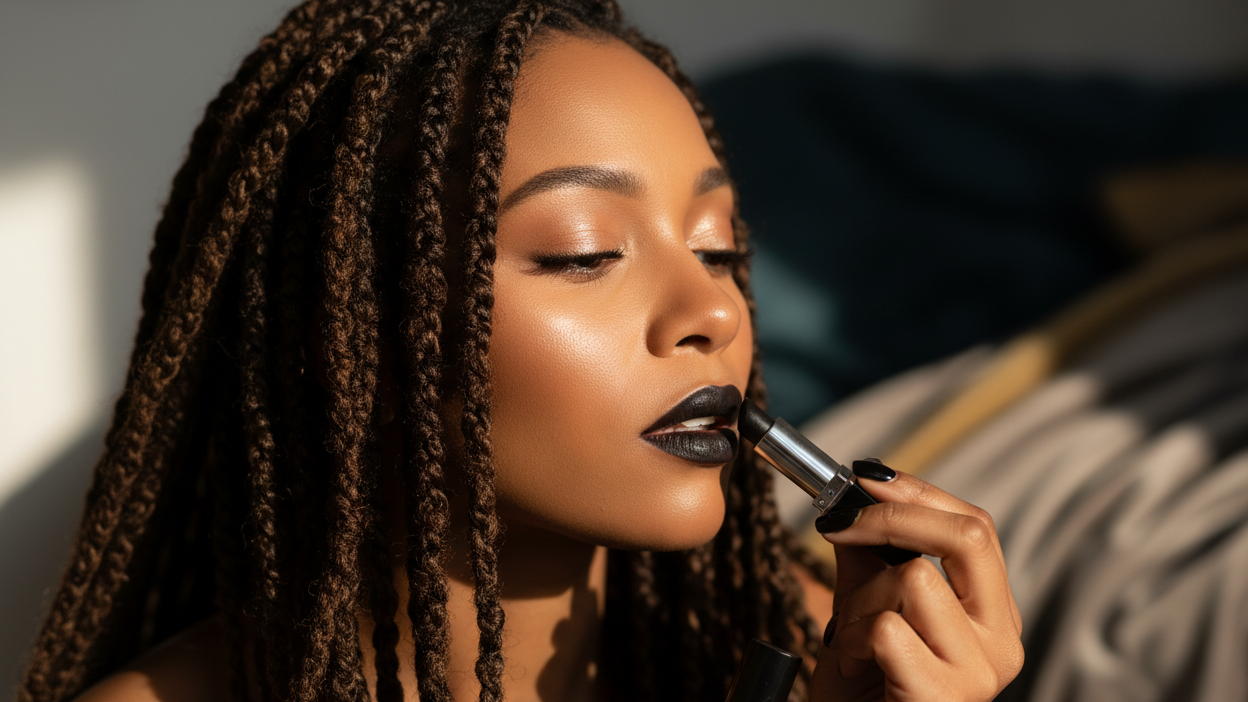 black girl with locs putting on black lipstick